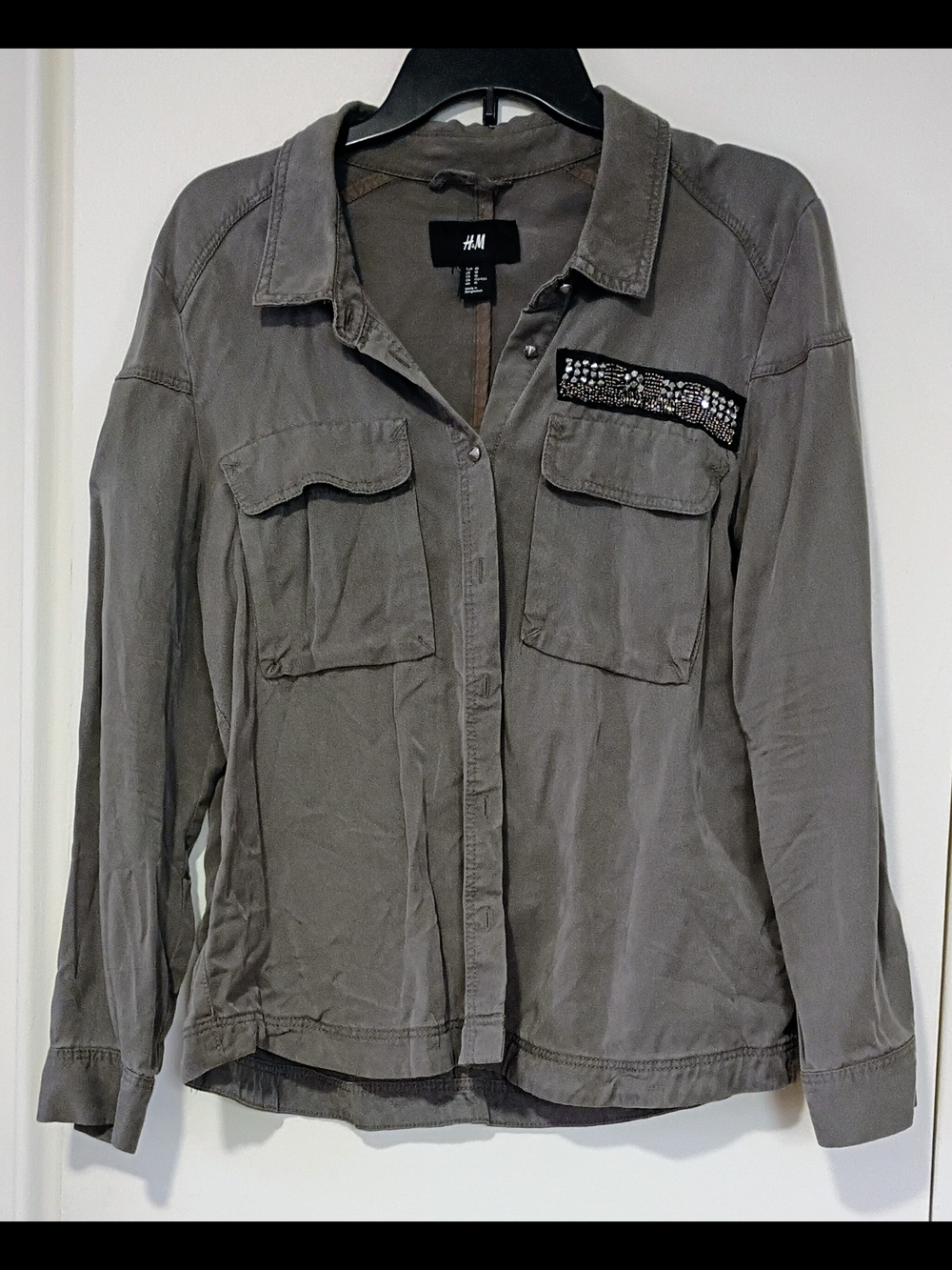 H&M Olive Green Utility Shirt With Beaded Embellishments Size 10